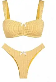 [seamoly] Gingham Ruched Bowknot Decor Cheeky Bikini Set