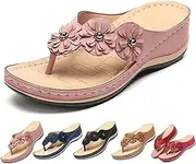 [LIUNJZXNS] Women's Orthopedic Arch Support Flowers Clip Toe Sandals,3D Floral Cutout with Flip Flops,Comfortable Open Toe Wedge Sandals, Powder, 7