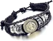 [Flongo] Men's Women's Alloy Black Leather Bracelet Bangle Cuff Bronze Lion Head Surfer Wrap Braided Biker Adjustable Fit 8~11 inch