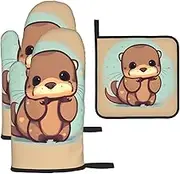 Cute Otter Print Cooking Oven Mitts and Pot Holders Set Heat Resistant Nonslip Waterproof Baking