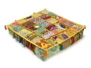 18x18" Indian Handmade Yellow Square Patchwork Home Decor Floor Cushion Cover