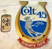 1970s Colt 45 Malt Liquor Dynamite Taste Foil Over Cardboard Sign NOS + Can Used