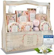 Accentra Shower Set Women Gift Set in Wooden Basket - 8-Piece Care Set with Shower Gel, Body Lotion, Bath Additives, Exfoliating & Hand Cream - Wellness Gift Set for Birthday, Valentine's Day & Christmas