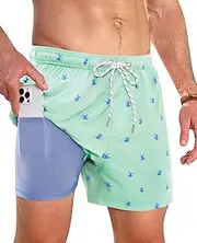 [Gleeease] Swim Trunks Mens 5 Inch Inseam Compression Liner Short Men Bathing Suit Lined Swimming Shorts Men's Swim Suits, Blue Frog, Large