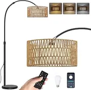 Floor Lamps for Living Room with 3 Color Temperatures, Arc Floor Lamps with Remote & ‎Foot Switch,Timer Modern, Boho Standing Lamp with Rattan & Fabric Shades for Living Room Bedroom Office
