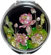 Mother of Pearl Pink Lotus Flower Design Double Magnifying Compact Cosmetic Makeup Hand Mirror