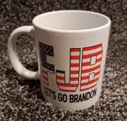 "Let's Go Brandon" Mug, Ceramic Coffee Cup, White w/ American Flag Pattern "FJB"
