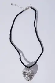 Silver Heart Pendent Cord Necklace - Size ONE, Women's Ring