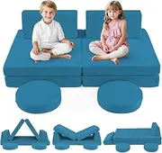 INFANS Modular Kids Play Couch, 6 PCS Toddler Creative Sectional Fort Building Sofa for Playroom, Bedroom, Children Convertible Soft Foam Furniture Playset Floor Cushion Boys Girls (Blue)