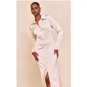 Almond Satin Button Down Midaxi Dress, Almond