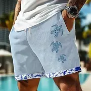 Men's Sea Creatures Sea Turtle Waffle Shorts Sweat Shorts Casual Shorts Mid Waist Hawaiian Vacation Jogging Workout Elastic Drawstring Waist Shorts with Pocket
