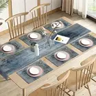 Vintage Blue Grey Table Runner and Placemats Set of 6 Modern Abstract Painti