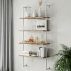 Theo 4-Shelf Bookcase Floating Wall Mount Natural Wood Industrial Pipe Metal