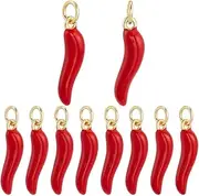 Beebeecraft 1 Box of 10 Chilli Pepper Pendants Red Enamel 16 Carat Gold-Plated Cornicello Horn Lucky Charm for Pendants Earrings Bracelets Jewellery Making