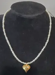 AQUA Heart Charm Freshwater Pearl Beaded Necklace 18K Gold Plated 15.5 17.5" J2