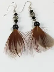 Brown & Ivory Pheasant Feather Earrings With Acrylic Beads. 925 SS Hooks Only.