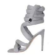 Nevenka Sexy High Heels Knit Fallopian Cloth Rope Lace Up Gladiator Sandals-Grey