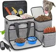 6 Set Dog Travel Bag, Large Pet Travel Kit for Supplies Includes 2 Food Containers, 1 Travel Organizer for Dogs, 2 Collapsible Bowls, 1 Treat Pouch, Dog Weekend Overnight Travel Bags Luggage, Grey