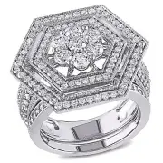 Amour 10k White Gold 2 CT TDW Double Halo Geometric Diamond Bridal Ring Set