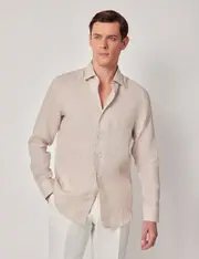 Hawes & Curtis Natural Pure Linen Slim Shirt | One Piece Collar | Full Cutaway Size: Small