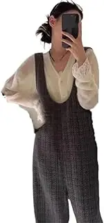 [YiKeGuiHuaShu] Korean Style Tweed Overalls for Women, Spring and Autumn Jumpsuits, Large Size Floor Mopping Pants,