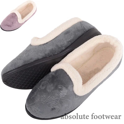 Ladies Womens Easy Slip On Velvet Embossed Floral Slippers