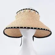 [LAYBAY] Women Straw Sun Visor Hat Pearl Empty Top Hat Female Big Eaves Sunscreen Sun Hat Bow Seaside Vacation Beach Hat 56-58cm