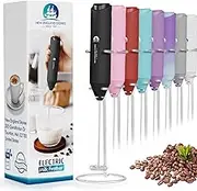 Powerful Milk Frother Handheld Foam Maker, Mini Whisk Drink Mixer for Coffee, Cappuccino, Latte, Matcha, Hot Chocolate, With Stand, Black