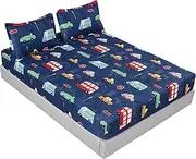 MAG 3Pcs Cartoon Car Fitted Bed Sheet Set, Queen Size, Blue Color, 1 Fitted Sheet & 2 Pillowcases