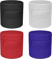 DODAMOUR 4 Pcs Sport Wrist Wallet for Men and Women, Mini Cotton Wristband Wallet with Zipper, Wrist Bands Sweatbands for Working Out, Sports, Walking (8cm x 8cm), Black, White, Red, Blue