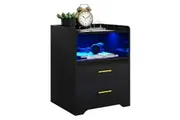 Luxsuite Smart Bedside Table Black LED Side End Nightstand Sofa Storage Cabinet Bedroom Full High Gloss 2 Drawers 1 Open Shelf USB Type-C Port Human Induction