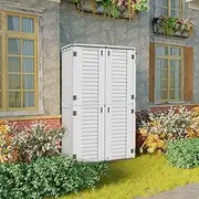 ADDOK Vertical Storage Shed Multi-Function, Outdoor Storage Cabinet Weather Resistance, HDEP Resin Storage Box for Backyards, Patio, Garden (Ivory White/53 Cubic Feet)