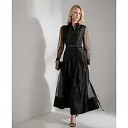 A-Line Shirt Dress Mother of the Bride Dress Elegant Simple Minimalist Shirt Collar Floor Length Organza Long Sleeve with Sash / Ribbon 2025