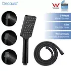 Square Hand Held Shower Head and 1.5m Flexible Shower Hose Black 3-Mode Spray