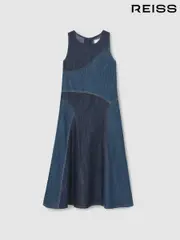 Reiss Blue Wilder 13-14 yrs Patchwork Chambray Midi Dress (AY3384) | $140