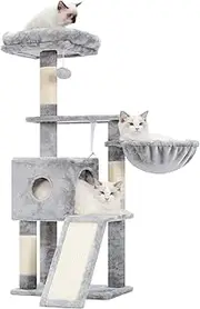 Hey-brother Cat Tree, 42.5-Inches Cat Tower for Indoor Cats, Plush Multi-Level Kitten Cat Condo with Scratching Post,Ramp, Basket, Spacious Cat Cave, Hanging Ball, Light Gray MPJ007SW