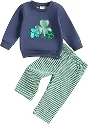 [MoZiKQin] St Patricks Day Toddler Baby Boy Outfit Embroidery Shamrock Sweatshirt Plaid Pants Set Irish Spring Clothes