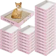 Roshtia 30 Pcs Disposable Cat Litter Box Foldable Paper Kitty Litter Tray 13.8 x 10 x 2 Inch Portable Kitten Litter Box Low Entry Waterproof Lightweight Cardboard Litter Tray (Pink)