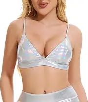 [Vinaderhom] Women's Metallic Crop Tops Shiny Bralette Rave Bra Triangle Bikini Swimsuit Top