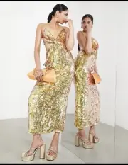 ASOS Edition Knot Front Sequin Disco Midi Dress Cut Outs in Orange Size 14 NWT