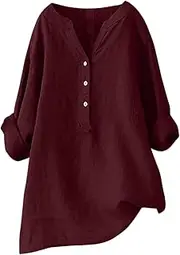 [Generic] Linen Blouses Women Casual Loose Fit Plus Size Shirt 3/4 Sleeve Button Down V Neck Shirts Lightweight Solid Summer Tops
