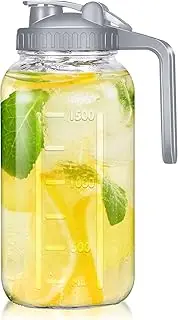 irjeen Glass Mason Jar Pitcher with Lid, 2 Quart/64oz - Breast Milk Pitcher Leak Proof, Heavy Duty Wide Mouth Jar with Pour Spout for Water, Juice, Milk, Tea, Iced Coffee, and Drinks, 1 Pack
