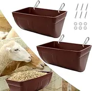2 Pack Chicken Feeder Feed Trough with Clips Hanging Fence Feeder for Goat Chicken Duck Goose Deer Sheep Piglets Poultry Waterer Bucket Feeding Container for Livestock Goat Feeder Supplies (Brown)