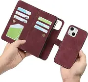 [Cavor] for iPhone 13 Case[6.1 inch] PU Leather Folio Flip Cover Kickstand 2 in 1 Detachable Wallet Magnetic Case Zipper Coin Pocket 6 Card Slots-Wine Red