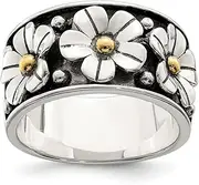 [JewelryWeb] 925 Sterling Silver Polished Artisan Oxidized Solid Back With 14k Gold Centers Daisy Ring Band Style-Ring for Women
