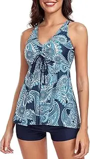 [FLYILY] Womens Print Strappy Tankini Sets Tummy Control Bathing Suits Cross Back Tankini Top Two Piece Floral Swimwear with Shorts