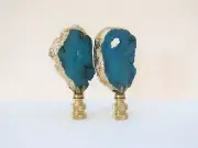 Deep Turquoise Geode Lamp Finials, a pair.