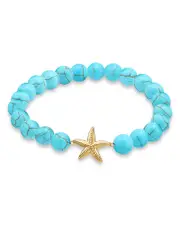 Aqua Starfish Charm Gemstone Beaded Stretch Bracelet in 18K Gold Plated Sterling Silver - Exclusive