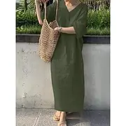 Women's Maxi Dress Cotton Linen Dresses Casual Dress Basic Casual Vacation Daily Regular Fit Plain 3/4 Length Sleeve V Neck Red Khaki Army Green Dark Blue Summ