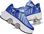 [RDJSHOP] Roller Skates Shoes Kids, 2 In1 Multifunctional Deformed Shoes with Double-Row Deform Wheel Unisex Adults Skateboarding Shoes for Outdoor Sports,Blue-9